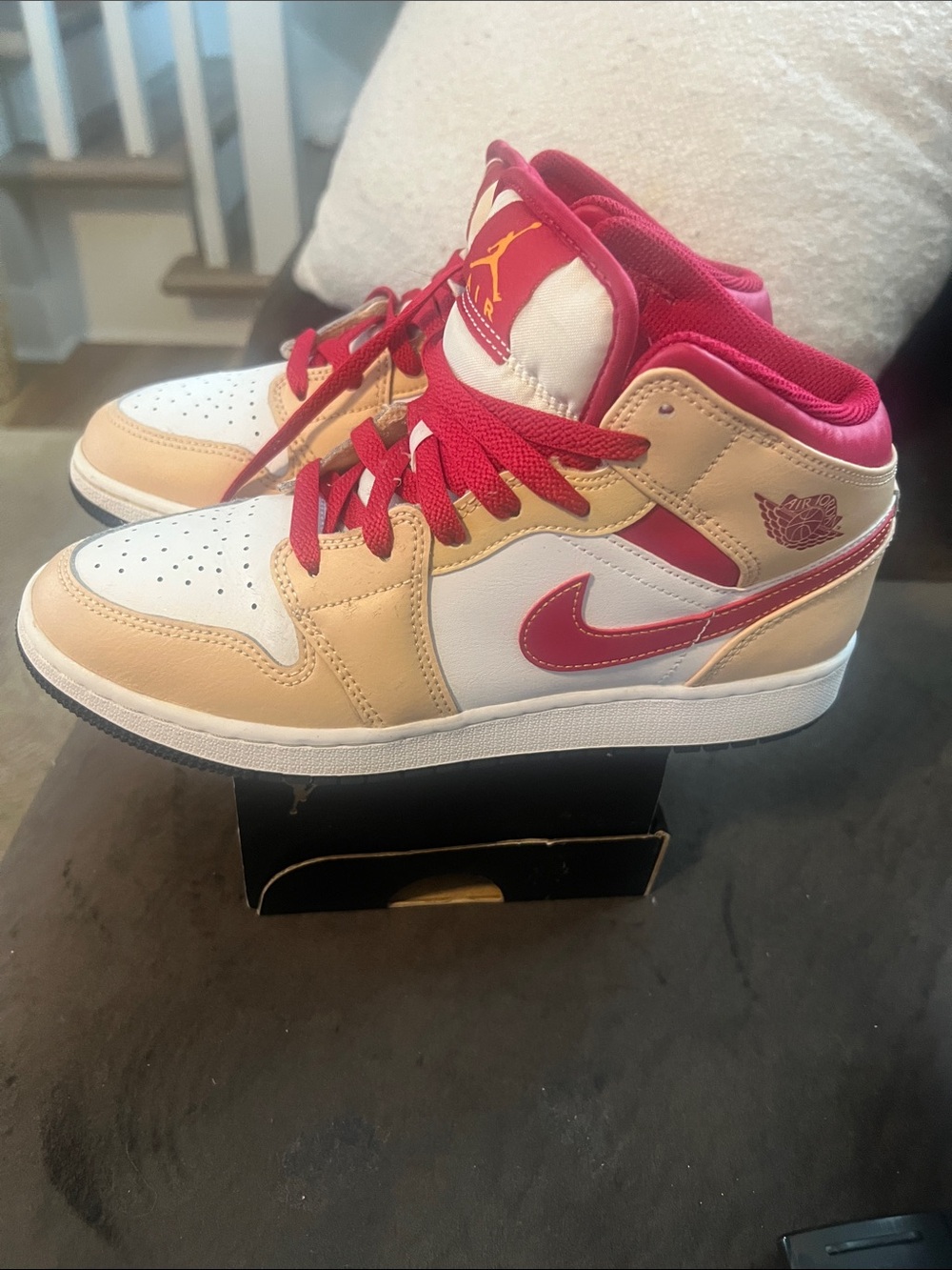 Jordan Mid-Top Sneakers in White, Beige & Red - Picture 3 of 3